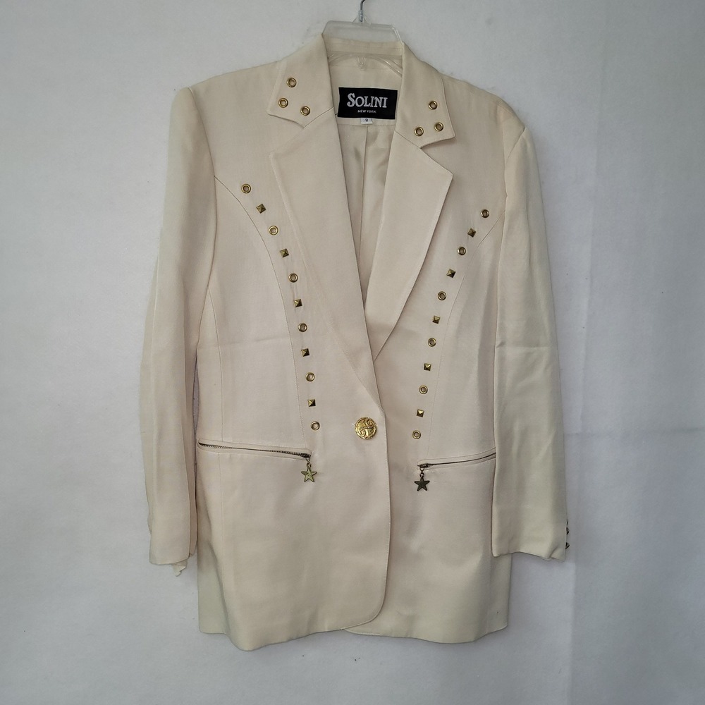 Solini New York Cream Studded‎ Blazer Jacket Women 8 Embellished Vintage USA